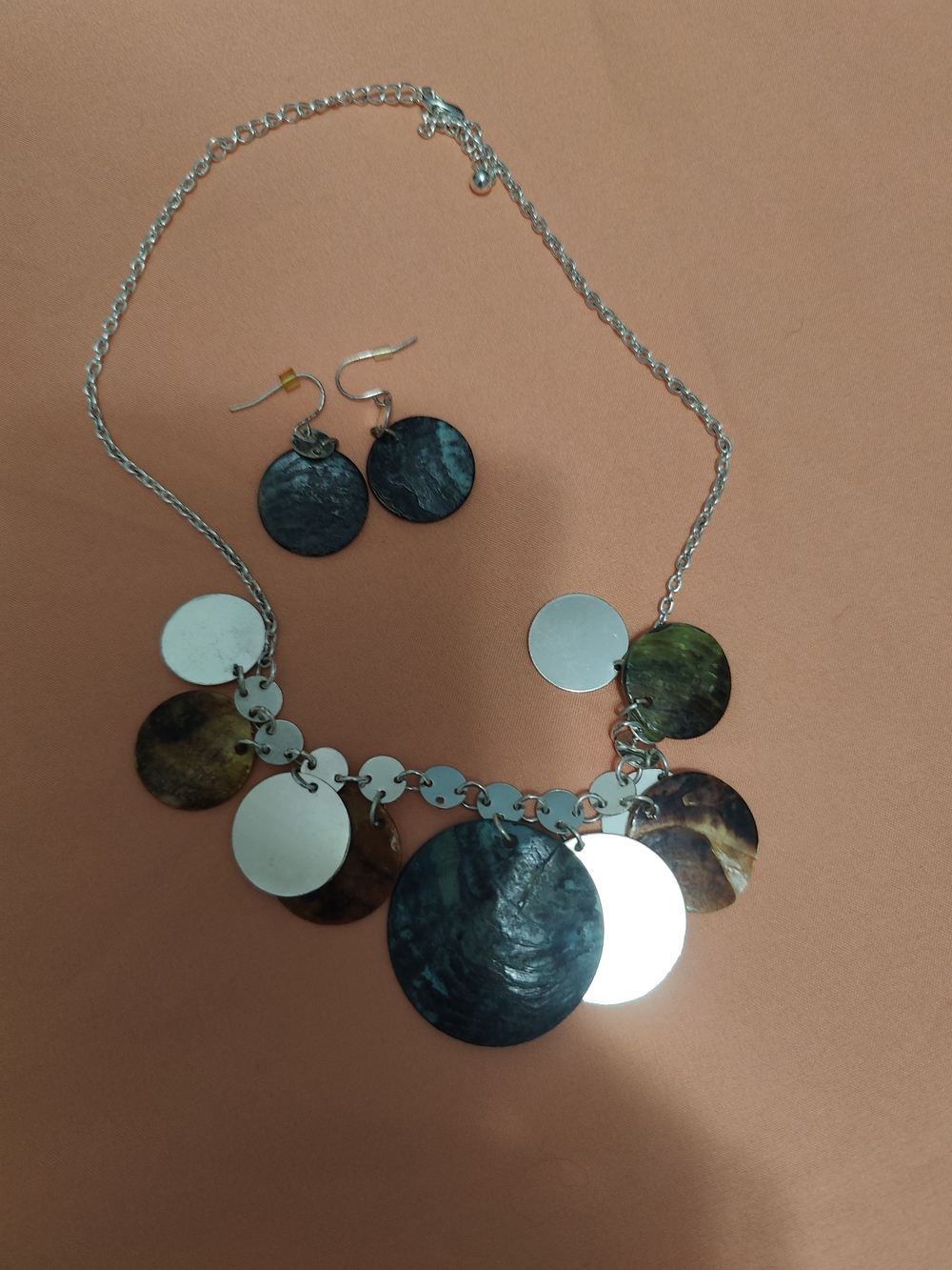 Cato Silver Necklace with Teal and Brown Disc Accents